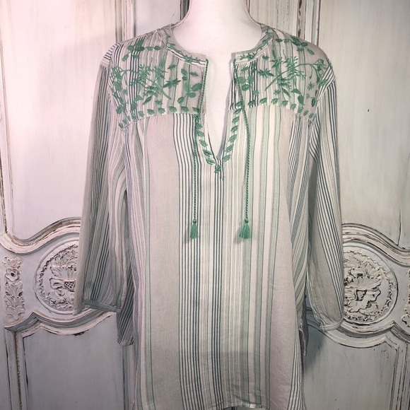 100% Cotton Long Sleeve Embroidered Tie Front Peasant Blouse Size XXL - Picture 1 of 13